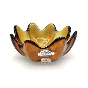 Blenko Handcraft Amber Glass Scalloped Wavy Lotus Bowl Mid Century Modern MCM